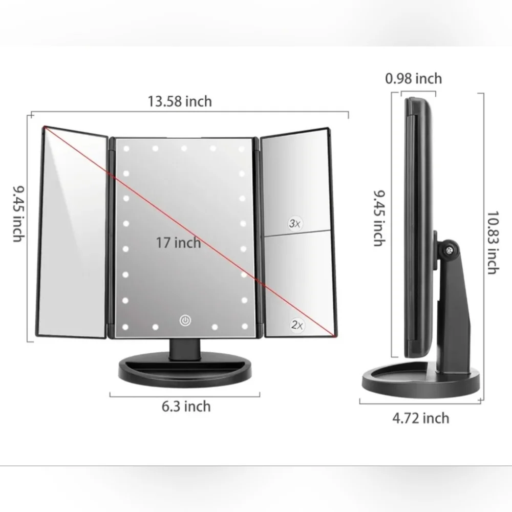 Tabletop Mount Trifold Lighted Vanity Mirror with LED Lights, Touch Screen, Etc